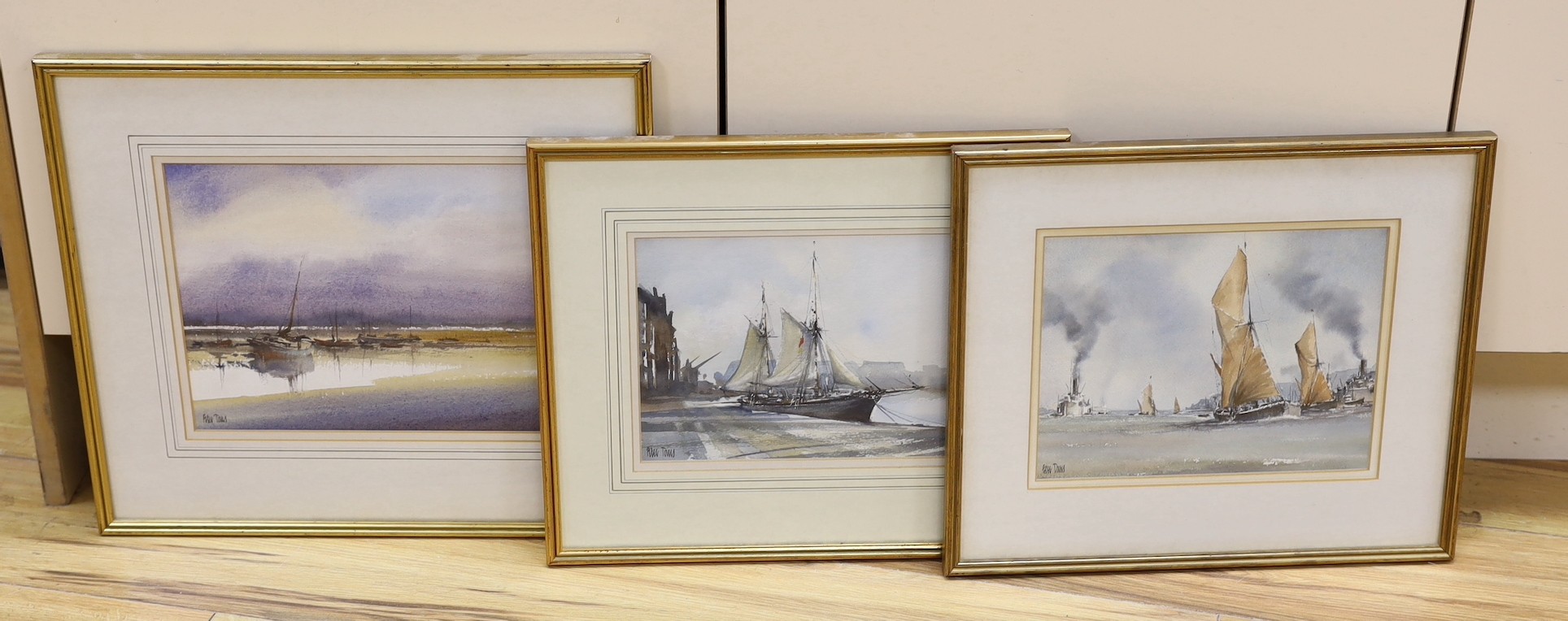 Peter Toms (b.1940), three watercolours, 'Evening II', 'Working Sail' and 'Alongside', all signed, largest 21 x 27cm